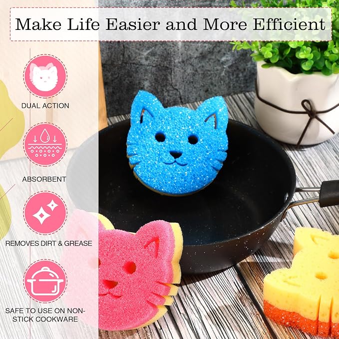 FillTouch 3 Pcs Dual Sided Scrub Sponge Multi Functional Cute Temperature Sensitive Non Scratch Dish Sponge for Washing Dishes Kitchen Bathroom (Cat,Pink, Orange, Royal Blue)