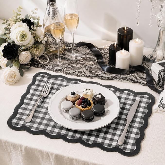 Scalloped Gingham Coffee Mat 12" x 20" Absorbent Coffee Bar Mat Gingham Espresso Matt for Counter(Black, White)