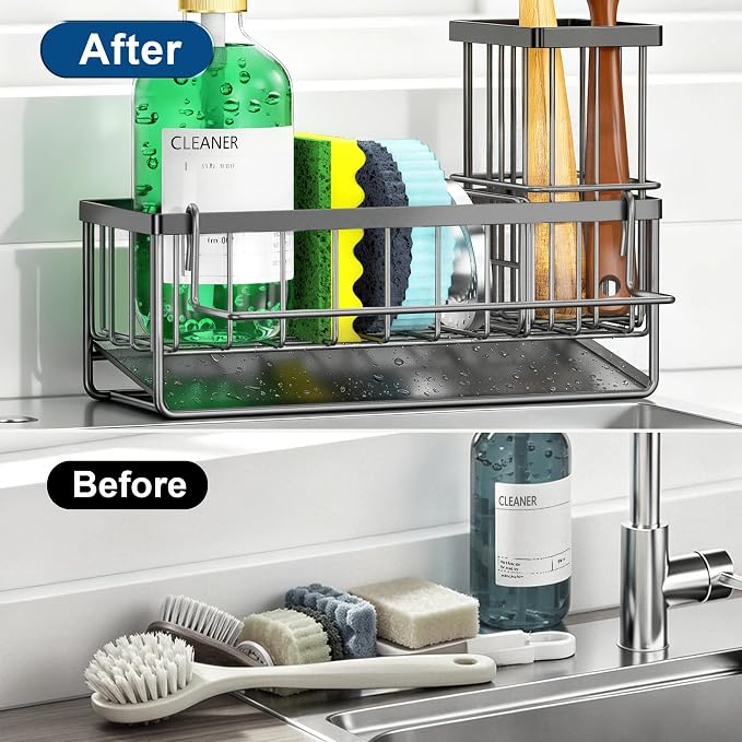 Sponge Holder for Kitchen Sink, Kitchen Sink Caddy, Kitchen Sink Sponge Holder, Dish Sponge Holder, Kitchen Sink Organizer for Sponge, Dish Brush, Scrubber(9.65" x 3.74" x 6.3", Dark gray)
