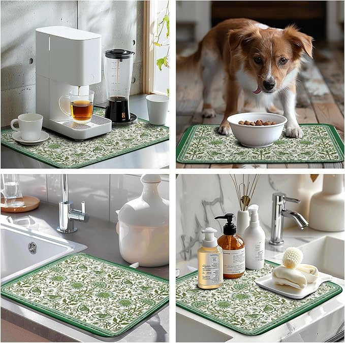 Green Floral Dish Drying Mat for Kitchen Counter 16x18 Inch Spring Summer Flowers Drying Mats Microfiber Absorbent Dish Drainer Pad Reusable Washable Dish Draining Mat for Coffee Bar Sink