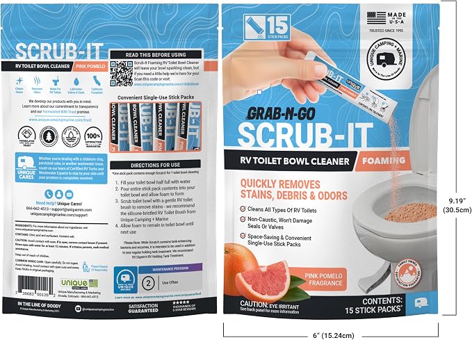 Unique Scrub-It RV Toilet Cleaner, Foaming Powder Stick Packs, 15-Count | Premeasured Pink Pomelo scent powder cleans RV toilet bowl stains, rings, debris, & odors; adds bacteria after flushing