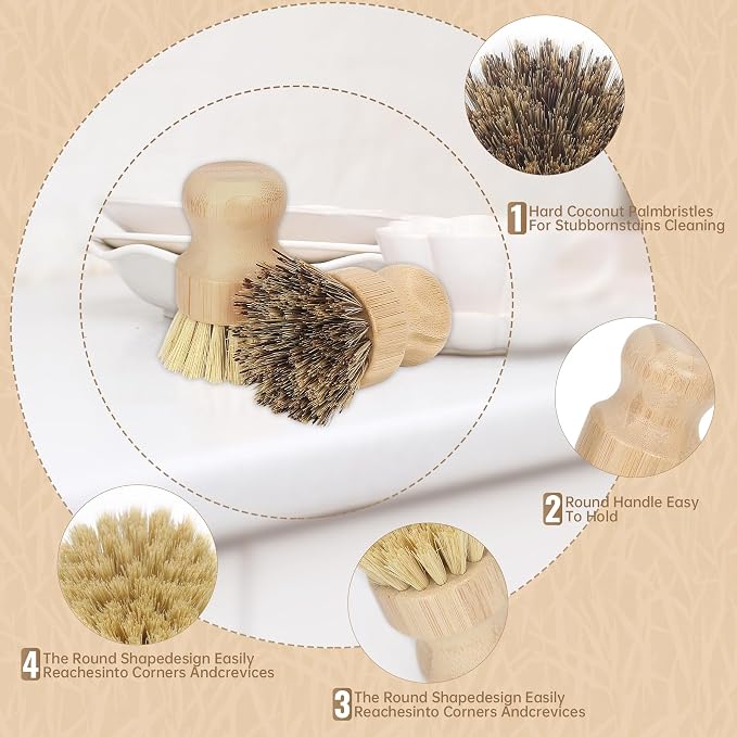 DEBETOOL 2-Pack Bamboo Dish Brush – Natural Dish Scrub Brush with Sisal & Palm Bristles for Non-Stick Pans, Pots, Vegetables, and Kitchen Cleaning