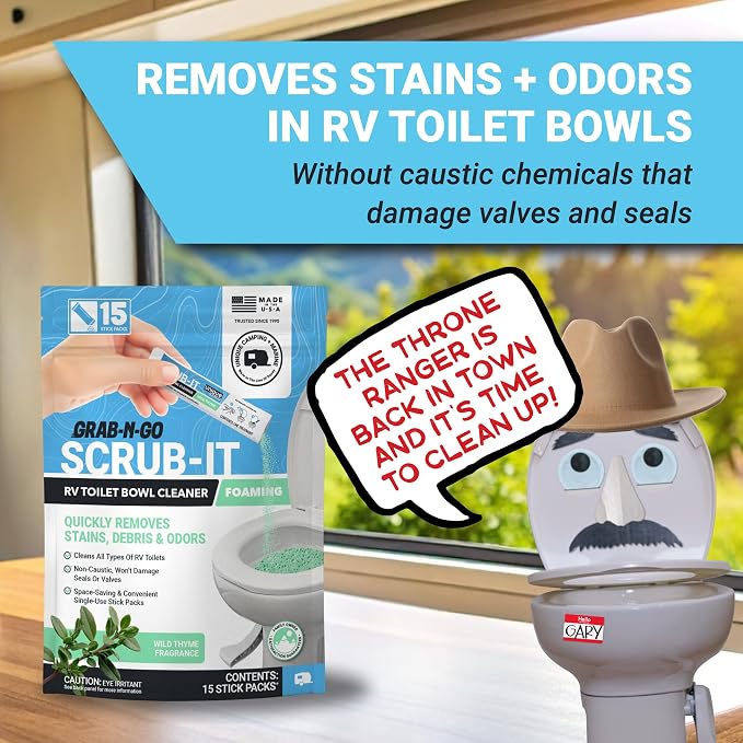 Unique Scrub-It Foaming Powder RV Toilet Cleaner Stick Packs, 15-Count | Premeasured Wild Thyme scent powder cleans RV toilet bowl stains, rings, debris, & odors; adds bacteria after flushing