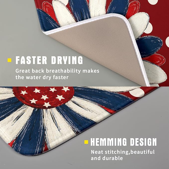 Patriotic Dish Drying Mat 16 x18 In Red and Blue Daisy Microfiber Kitchen Draining Mat for Countertops
