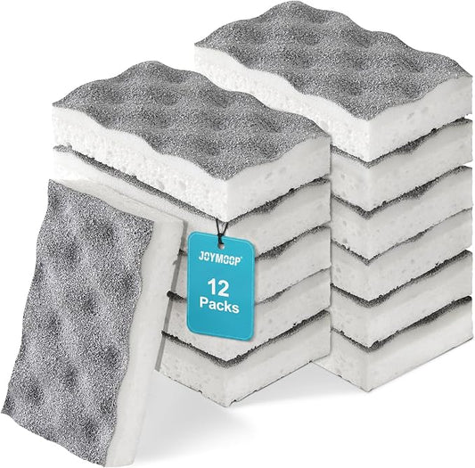 JOYMOOP Textured Clean Sponges, Dual-Sided Non-Scratch Soft Scrub Dish Sponge, Safe for Non-Stick Cookware, Kitchen and Household Cleaning, 12 Pack [Grey & White]