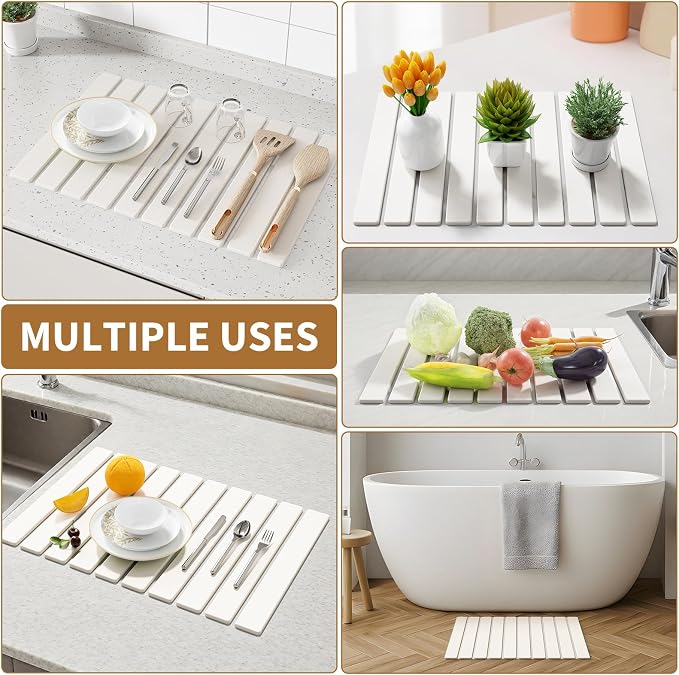 Large Stone Dish Drying Mats for Kitchen Counter,23.6''(L)x 15.4''(W) Foldable Quick Dry Stone Mat Kitchen,Absorbent Diatomaceous Earth Mats for Dishes Bottles Cups Bathroom Any Countertop-White