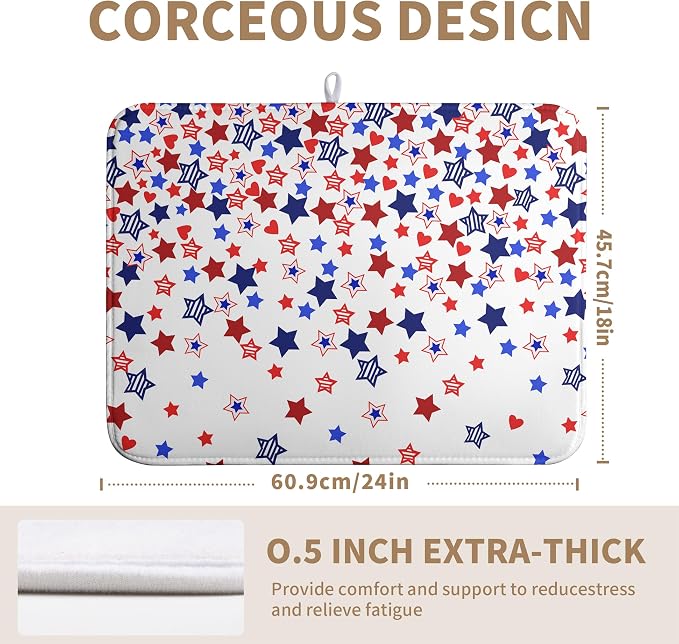 4th of July Dish Drying Mat for Kitchen Counter Patriotic Stars Dishes Drainer Mats Independence Memorial Day Microfiber Absorbent Dish Draining Pad Extra Large 18"x24"