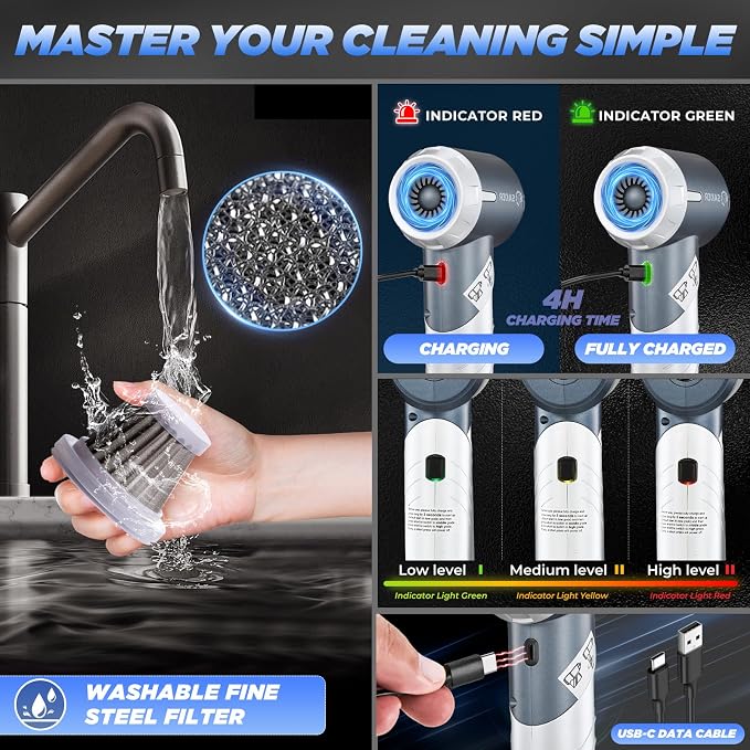 Saker Handheld Car Vacuum Portable Cordless17000Pa HL132 Silver | Small Car Vacuum with Brushless Motor,Air Duster Blower,Rechargeable Foldable Vacuum Cleaner,for Home, Office Pet