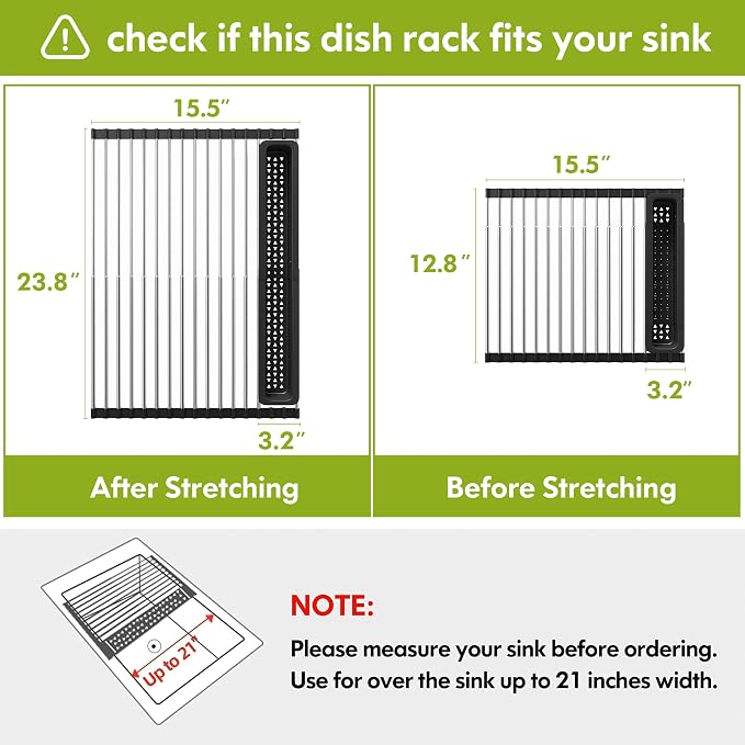 JASIWAY Roll Up Dish Drying Rack, Expandable (12.8"-23.8" D x 15.5" W) Stainless Steel Portable Drainer for Kitchen Sink Counter, Foldable Over The Sink Cover with Removable Utensil Holder, Black