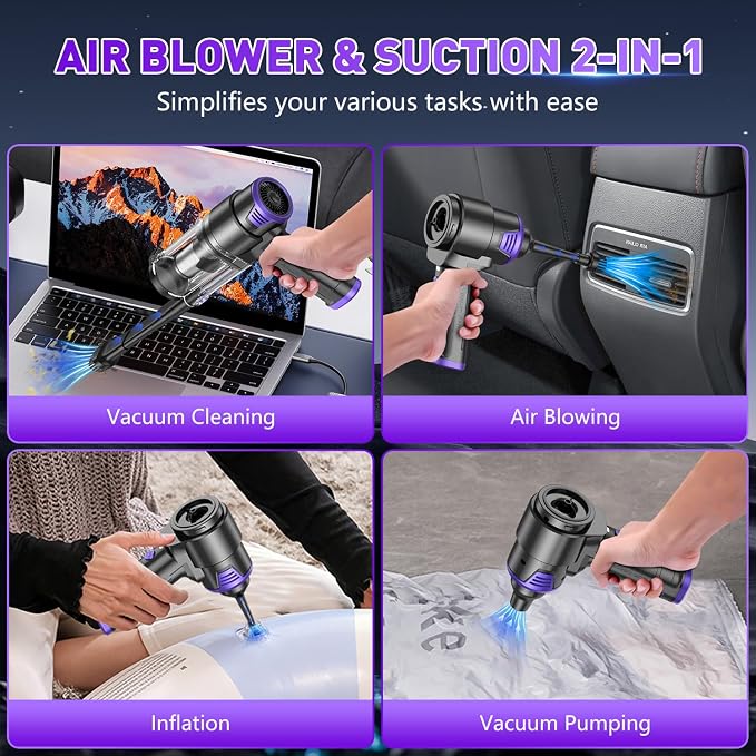 KMM Handheld Car Vacuum Cleaner, 16000PA Hand Held Vacuum & Air Duster | Strong Suction, Portable, Cordless, 120W High Power Rechargeable, Multi-Nozzles & LED Liht, for Home, Car, Office