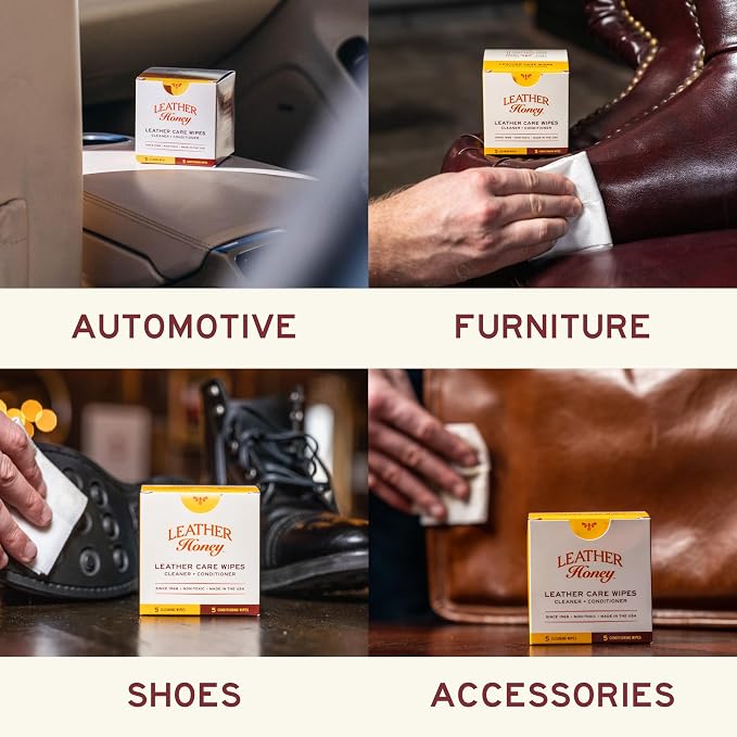 Leather Honey Leather Wipe Kit – Non-Toxic Cleaner & Conditioner | 5 cleaner & 5 conditioner wipes. Same trusted formulas, made in the USA. For any color leather — car seats, shoes & bags.