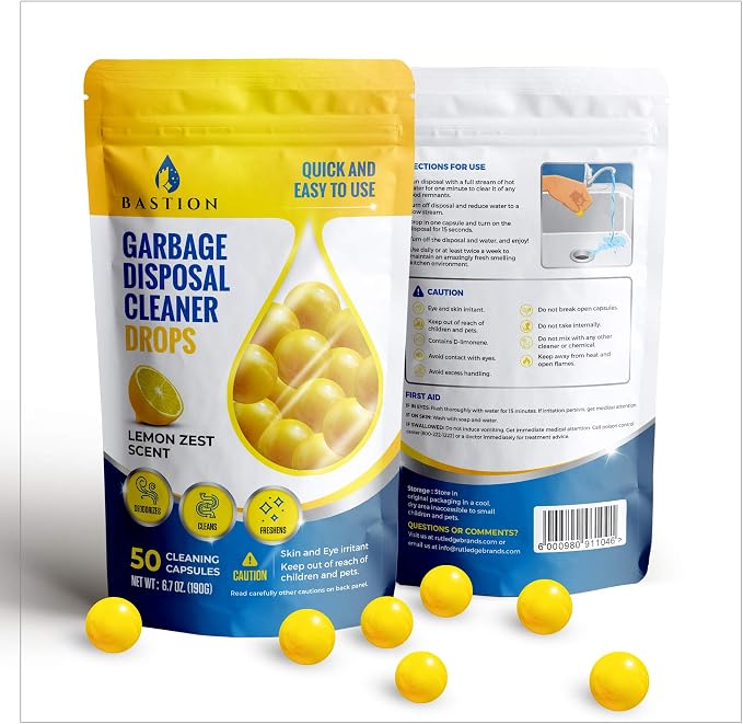 Garbage Disposal Cleaner and Deodorizer Drops Bundle -Orange & Lemon Scented Kitchen Sink Freshener Pods & Drain Odor Eliminator Disposer Care Balls by Bastion