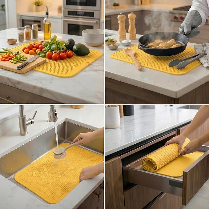 MicoYang Silicone Dish Drying Mat for Multiple Usage,Easy clean,Eco-friendly,Heat-resistant Silicone Mat for Kitchen Counter or Sink,Refrigerator or Drawer Liner Yellow 2XL 24 inches x 18 inches