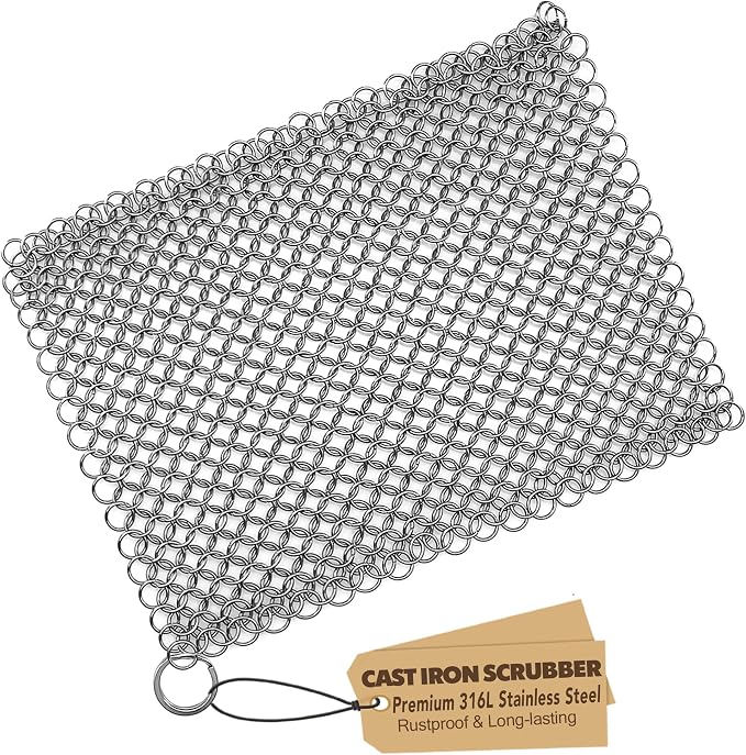 TOPULORS Cast Iron Chainmail Scrubber, 316L Stainless Steel Cleaner 8x6 in | Effectively Removes Residue Without Damaging Cast Iron Seasoning, Suitable For Skillets, Griddles, Grills, And Cookware