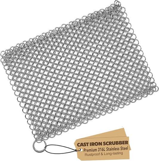 TOPULORS Cast Iron Chainmail Scrubber, 316L Stainless Steel Cleaner 8x6 in | Effectively Removes Residue Without Damaging Cast Iron Seasoning, Suitable For Skillets, Griddles, Grills, And Cookware
