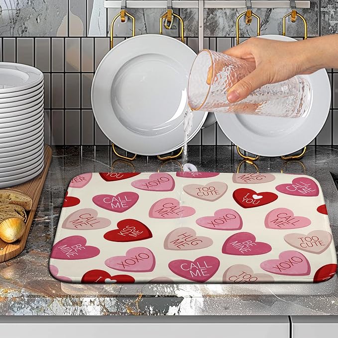Valentine Love Heart Dish Drying Mat for Kitchen Counter 18x24 Inch Valentines Day Dish Mats Absorbent Microfiber Dish Draining Mat Reversible Dish Drying Rack Mat with Hanging Loop