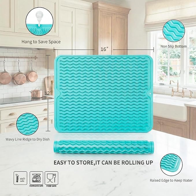 MicoYang Silicone Dish Drying Mat — Quick-Dry Ridges Counter & Sink Pad, Heat-Resistant Trivet to 450°F, Non-Slip & Dishwasher Safe, Roll-Up Storage, 18 Colors & 9 Sizes (Mint, 16"×12")