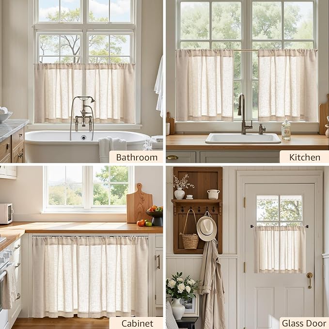 jinchan Linen Kitchen Tier Curtains, 38x24, 2 Panels, Natural | Light filtering, linen blend, rod pocket, farmhouse style, rustic decor, kitchen, bathroom, laundry room, RV, small windows