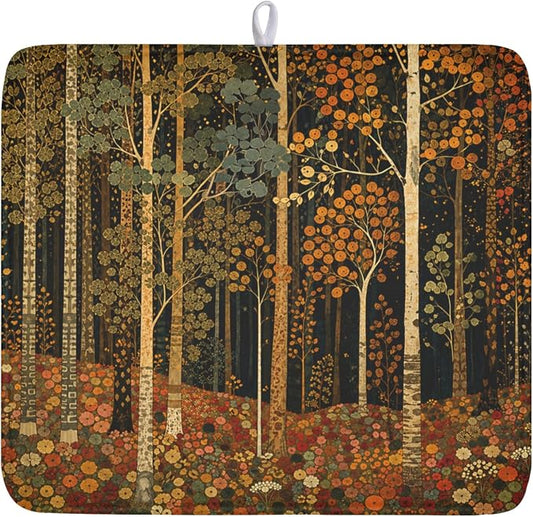 Fall Dish Drying Mat for Kitchen Counter Autumn Forest Vintage Botanical Nature Microfiber Dish Drainer Mat Antique Rustic Farmhouse Absorbent Washable Drying Pad 16"x18"