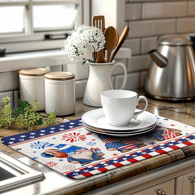 4th of July Dish Drying Mats for Kitchen Counter 18x24 In Memorial Independence Day Patriotic Gnome Stars Microfiber Drying Mat Fourth of July USA Super Absorbent Dish Rack Mat Drying Pad