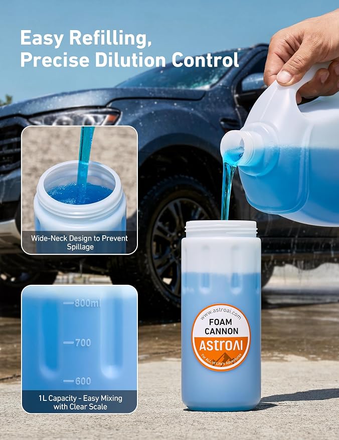 AstroAI Foam Cannon for Pressure Washer with 1/4" Quick Connect Plug, 1 L | Thick Foam, Car Wash, Heavy Duty Durable Foam Sprayer, Wide Neck, Adjustable Foam Lance, Easy Install, Cleaning Accessories