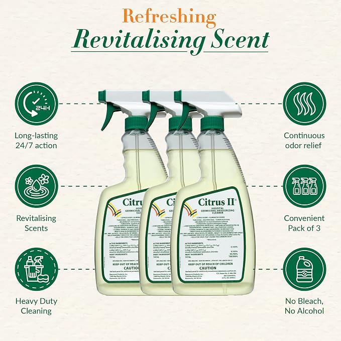 Citrus II Hospital Germicidal Deodorizing Cleaner - Fresh Citrus Scent - Disinfecting Spray Cleaner - 22 Fl Oz - Pack of 3