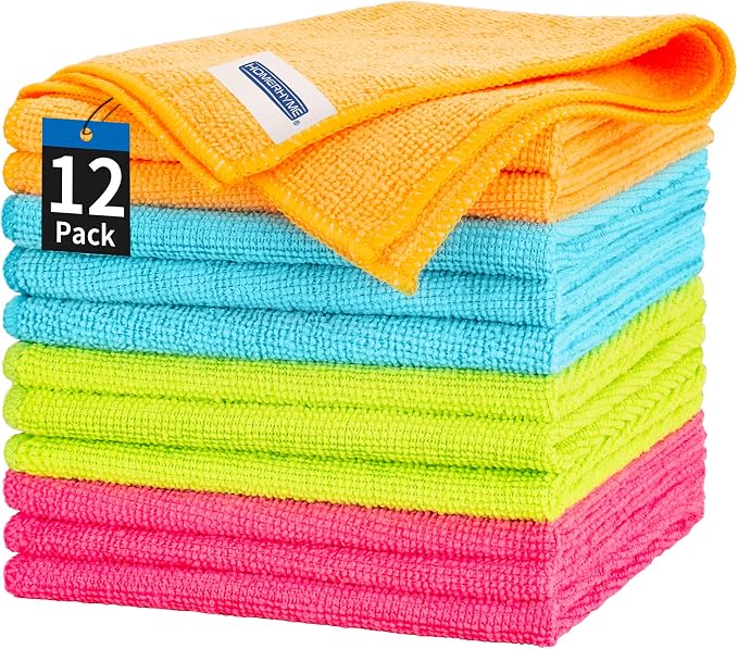 Microfiber Cleaning Cloth, 12 Pack Cleaning Rags, 12" x 12" Microfiber Towel, Lint Free Non-Abrasive Dusting Cloth, Microfiber Towels for Cars Kitchen Garage House Office