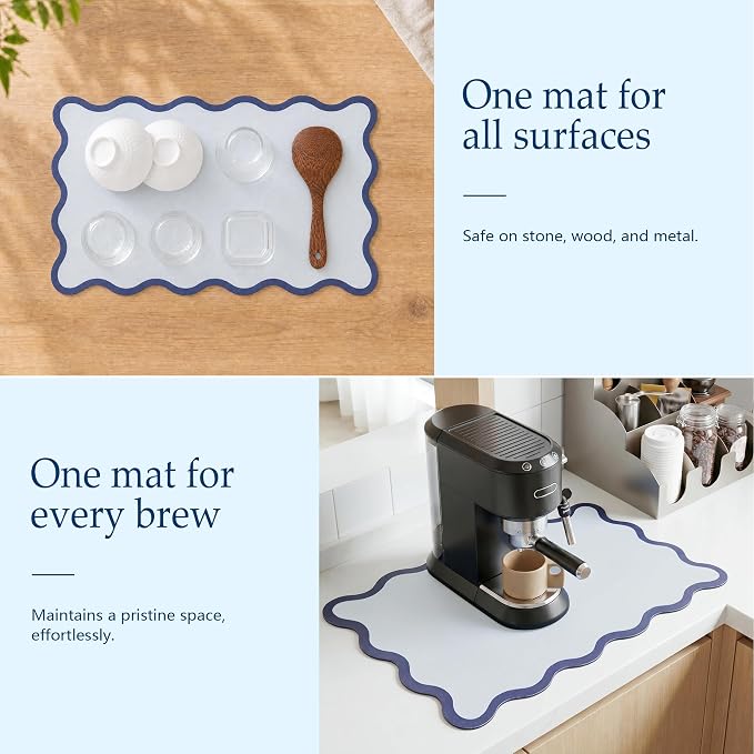 Scalloped Dish Drying Mat for Kitchen Counter, Absorbent Easy Clean Non-slip Coffee Bar Station Accessories, Trendy Cute Aesthetic Modern Drainer Kitchen Drying Mat, Navy Blue 12" x 19"