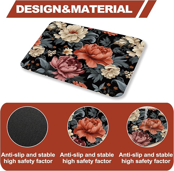 Floral Dish Drying Mat for Kitchen Counter Sink, Vintage Flower Absorbent Microfiber Pad, Reversible Washable Countertop Mat for Home Decor