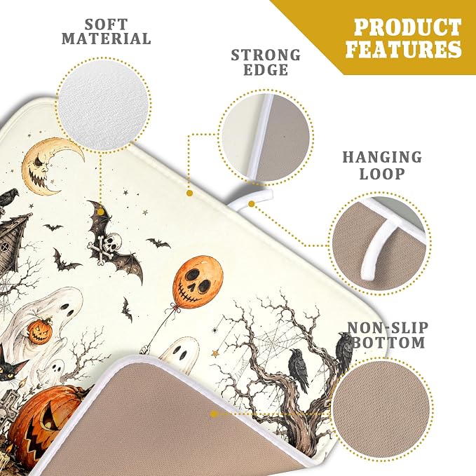 Giwawa Halloween Pumpkin Ghost Dish Drying Mat Black Cat Microfiber Dishes Pad 16x18 Inch Holiday Dish Drainer Rack Mats for Kitchen Counter Sink
