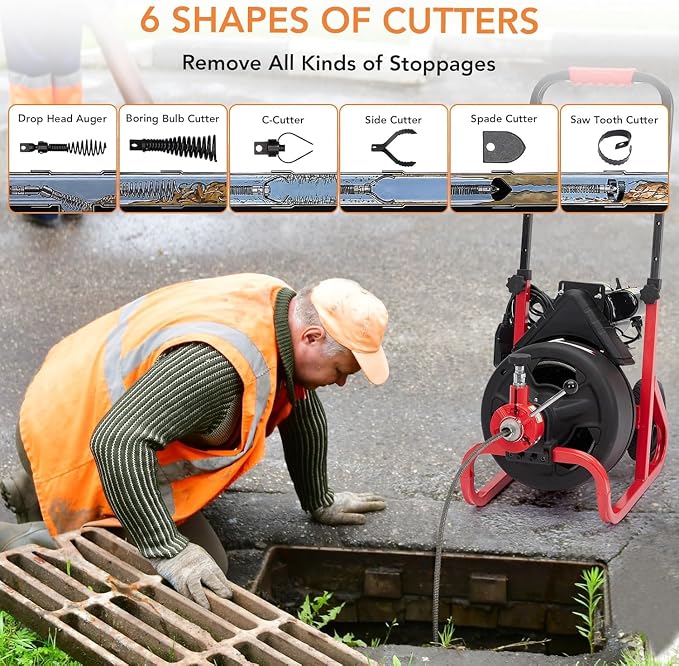 Garvee 100ft 3/8 Inch Drain Cleaner Machine, 370W Portable Drain Cleaning Machine Electric Drain Snake with 8 Cutters Gloves, Electric Drain Clog Remover Plumbing Tool for 2 to 4 in Pipes