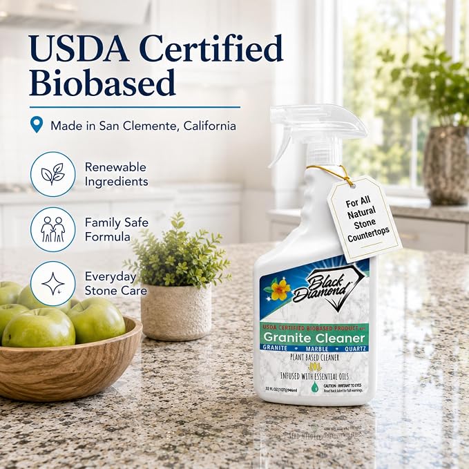 Black Diamond Stoneworks Granite Counter Cleaner: USDA Certified BIOBASED- Safe for Granite and other stone countertops. Safe for food contact formula to keep your countertops looking fresh and clean!