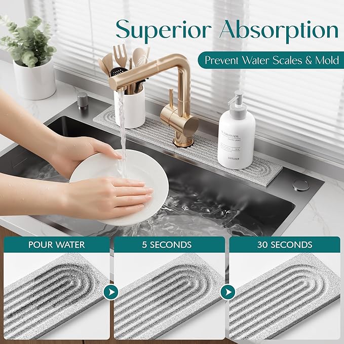 Eormoe Stone Kitchen Sink Faucet Mat, Premium Upgraded Food Grade Diatomite Drying Stone Tray & Splash Guard, Fast Drying Sink Protector for Kitchen Counter, Dishwasher Safe (23.6" x 3.9")