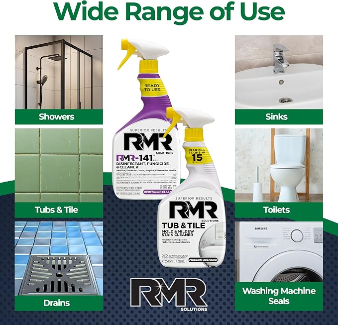 RMR Bathroom Brilliance Bundle – Tub & Tile Stain Spray + RMR-141 EPA Registered Mold & Mildew Remover, 2-Step Bathroom Cleaning & Disinfecting System for Showers, Sinks, Tile, Grout, 2–32 Oz Bottles