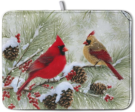 Winter Dish Drying Mat for Kitchen Counter 18x24 Inch Christmas Red Birds Drying Mats Xmas Holiday Microfiber Absorbent Dishes Drainer Mats Cardinal Dish Rack Pad