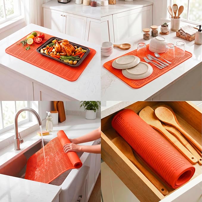 MicoYang Silicone Dish Drying Mat for Multiple Usage,Easy clean,Eco-friendly,Heat-resistant Silicone Mat for Kitchen Counter or Sink,Refrigerator or Drawer Liner Orange 4XL 32 inches x 18 inches