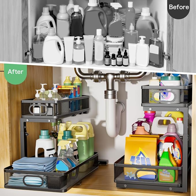 Under Sink Organizer 2 Pack, High Adjustable 2 Tier Under Sink Organizers and Storage, Slide out Metal Cabinet Organizers, Pull out Storage Drawer Shelf for Kitchen Bathroom Cabinet (Black)