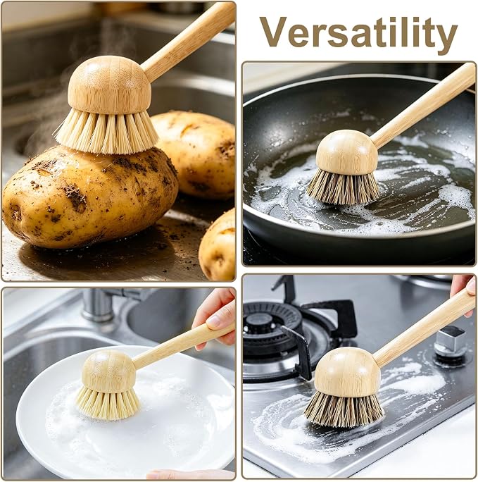 2 Pack Natural Kitchen Dish Brushes with Sisal & Palm Bristles, Long Bamboo Handle Scrubber for Dishes, Cast Iron Pans Pots and Vegetable Cleaning
