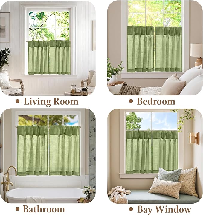 jinchan Linen Pinch Pleated Back Tab Tier Curtains, 26x30, 2 Panels, Green | Light filtering,small window treatment,cafe curtains,machine washable,farmhouse,kitchen,bathrooms,laundry