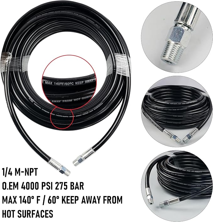 Hourleey Sewer Jetter Kit for Pressure Washer 150FT, Drain Cleaner Hose 1/4 Inch NPT, Orifice 4.0 Button Nose and Rotating Sewer Jetting Nozzle Spanner Tape Pearl Corsage Pin, 4000 PSI