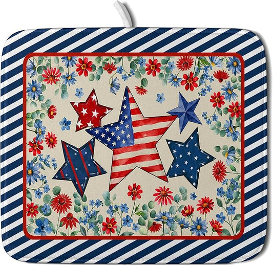 Patriotic Stars Dish Drying Mat for Kitchen Counter 4th of July Holiday Absorbent Reversible Microfiber Dish Pad Small