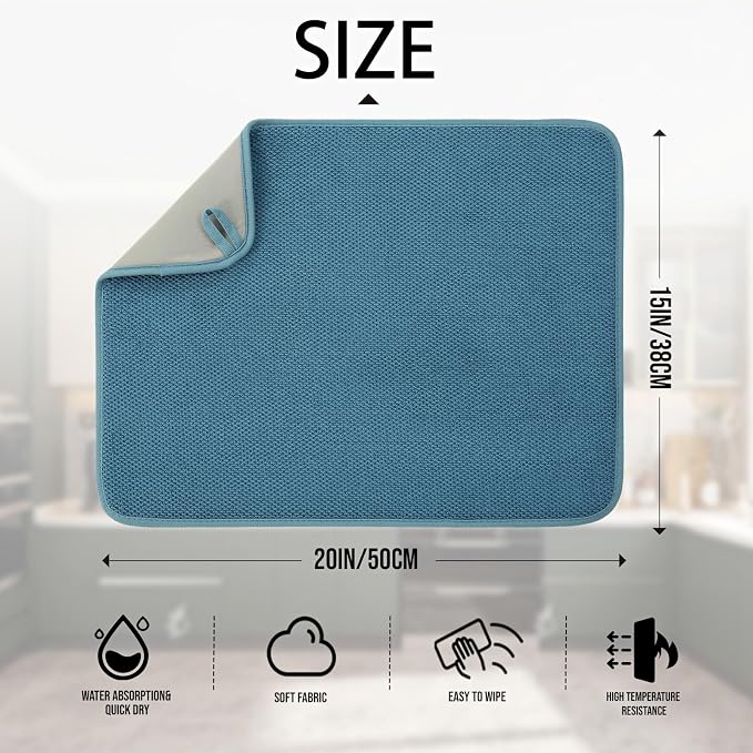 2 Pack Microfiber Dish Drying Mat for Kitchen Counter,Ultra Absorbent Dish Drainer Mat ,Dish Drying Pad ,Dish Rack Mat 20×15 Inch (Blue)
