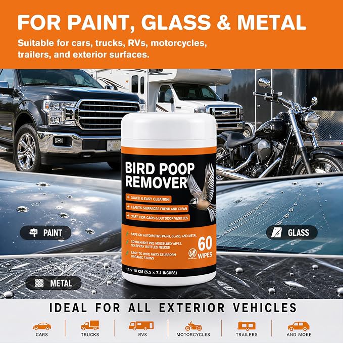 Bird Poop Remover Wipes, 2 Pack, 120 Wipes Total | Car Cleaning Wipes for Bird Droppings, Bird Poop Cleaner Safe for Automotive Paint, Glass, Trucks, RVs & Outdoor Vehicles