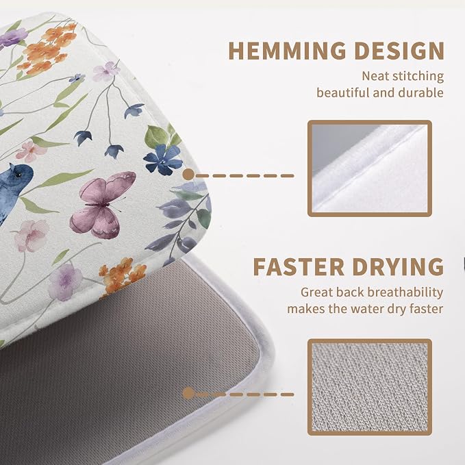Spring Floral Birds Dish Drying Mats Spring Summer Dish Mat Green Leaf Butterfly Drying Matt Dishes Dryer Pad for Kitchen Counter Absorbent Microfiber Washable Foldable Reusable 18x24 in