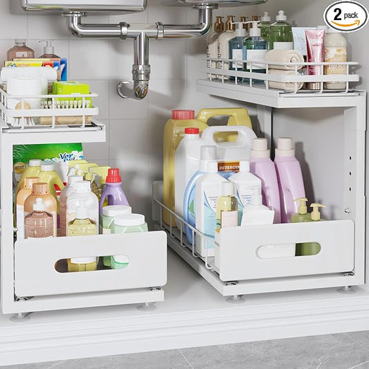 Under Sink Organizer Upgrade To Professional Rails,2-Tier Dual Pull Out Cabinet Storage,Height Adjustable Slide Out Drawers For Bathroom Kitchen,2 Pack-16.7"Dx12.8"-16.9"H,White