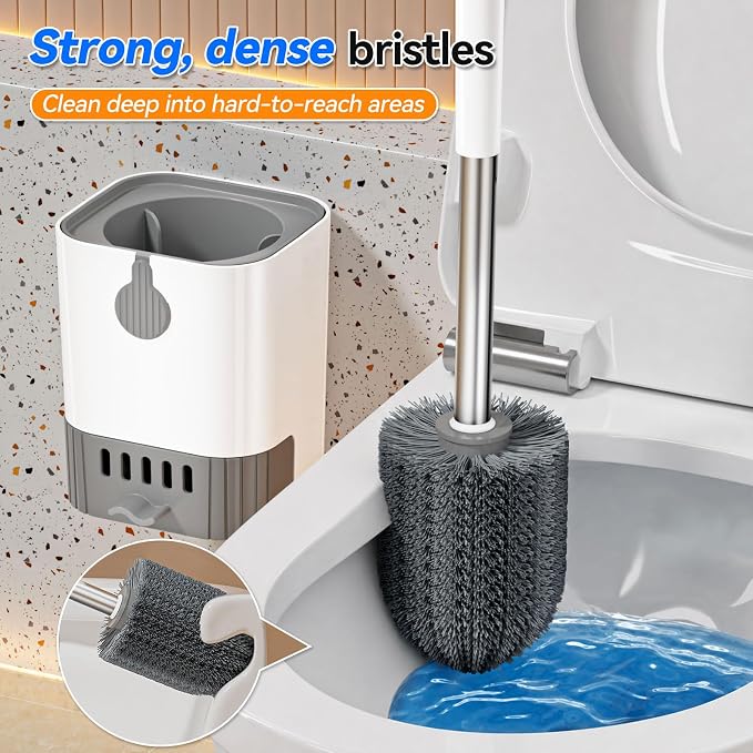 Self-Draining Toilet Brush with Holder, Ventilated Caddy for Quick Dry, No Drip Drip-Free Design, Sturdy Long Handle & Flexible Scrubber for Bathroom Bowl