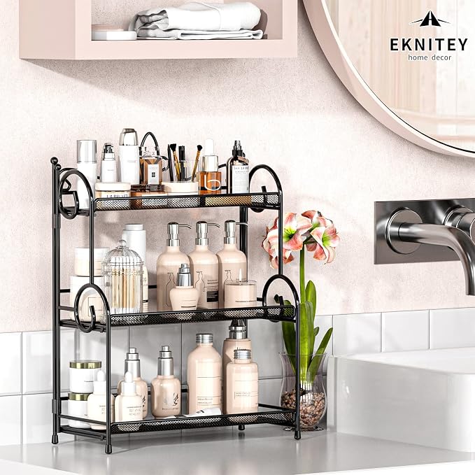 EKNITEY Bathroom Counter Organizer - 3 Tier Spice Rack(No Assembly) | Skincare Countertop Organizers, for Bathroom Kitchen Bedroom, Sturdy Metal Frame, Easy to Clean, Foldable, Black