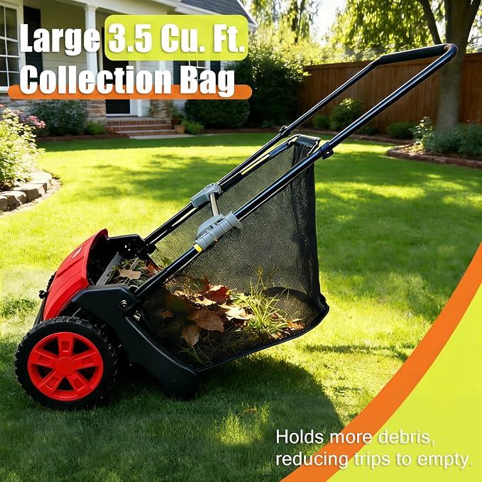 GarveeLife Manual Push Lawn Sweeper 21-Inch, Yard Leaf & Debris Collector with 3.5 Cu. Ft. Collection Bag, Adjustable Brush Height for Lawns & Driveways, Foldable Storage Design