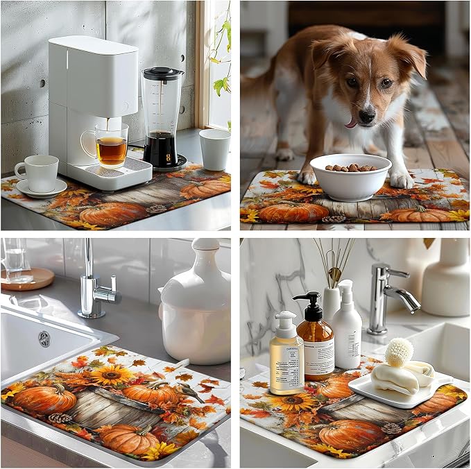 Fall Dish Drying Mat for Kitchen Counter Autumn Thanksgiving Pumpkin Sunflower Maple Leaf Leaves Birds Dishes Draining Pad Washable Dish Drainer Rack Mat Medium 16x18 Inch