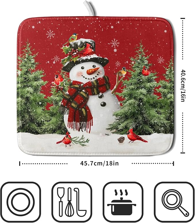 Christmas Dish Drying Mat for Kitchen Counter Snowman Green Christmas Tree Microfiber Absorbent Dish Draining Reusable Washable Foldable 16"x18"
